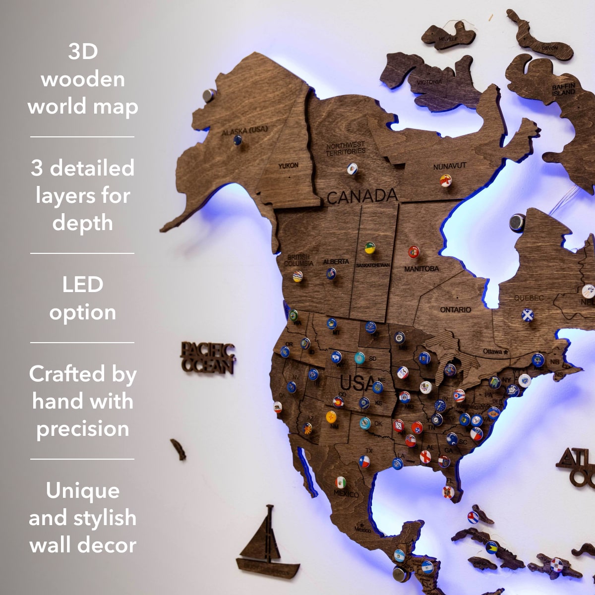 3D LED Wooden World Map 3.0 Dark Walnut info