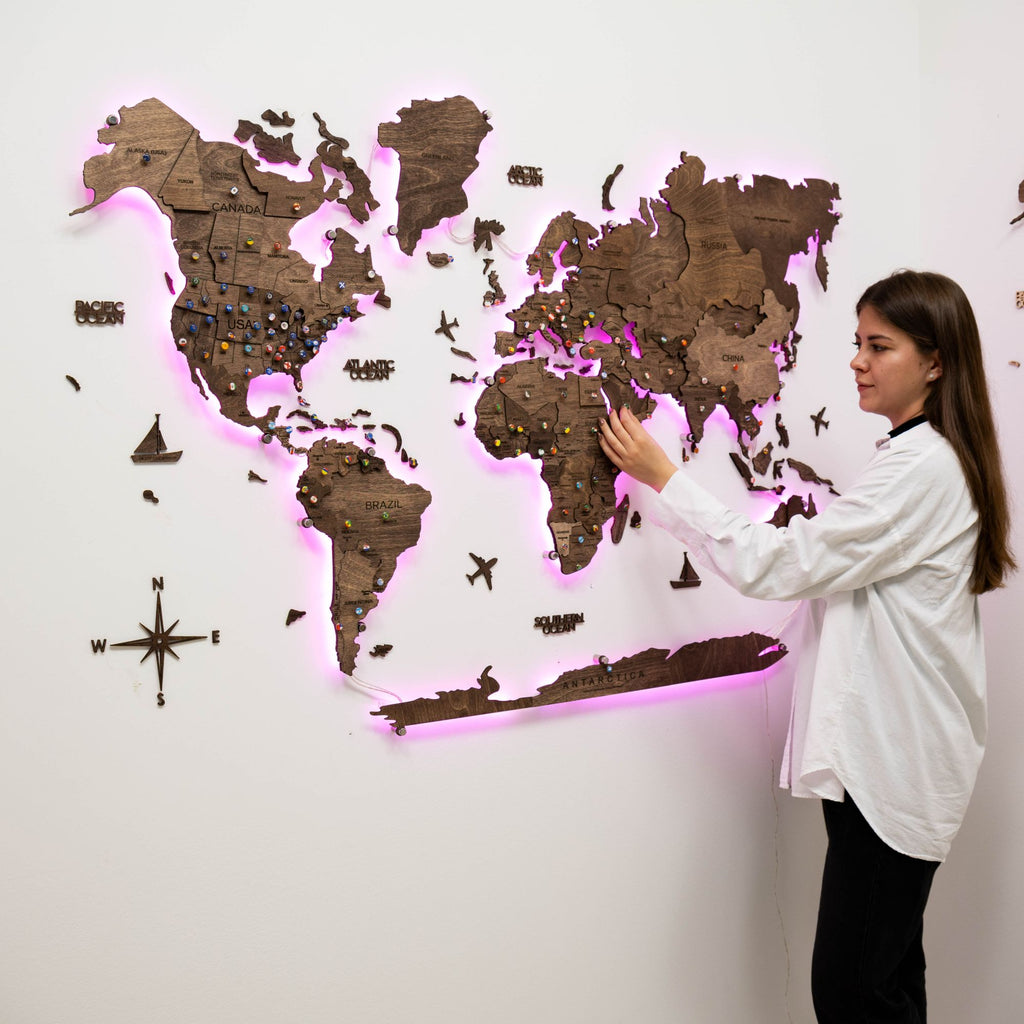 3D LED Wooden World Map 3.0 Dark Walnut