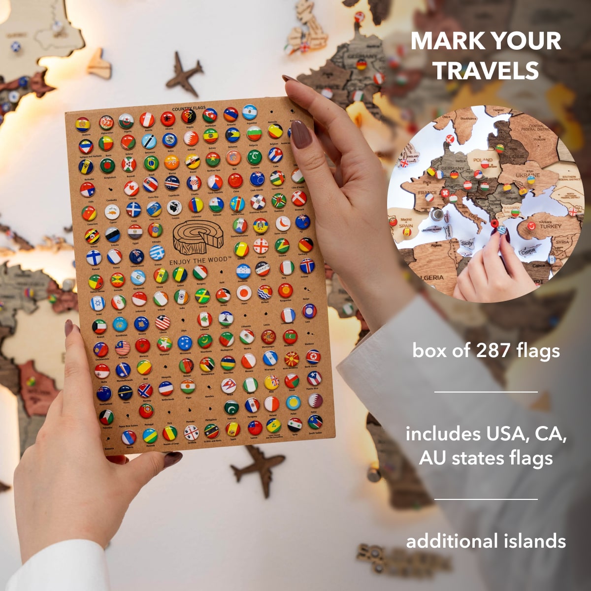 3D LED Wooden World Map 3.0 Fusion pins