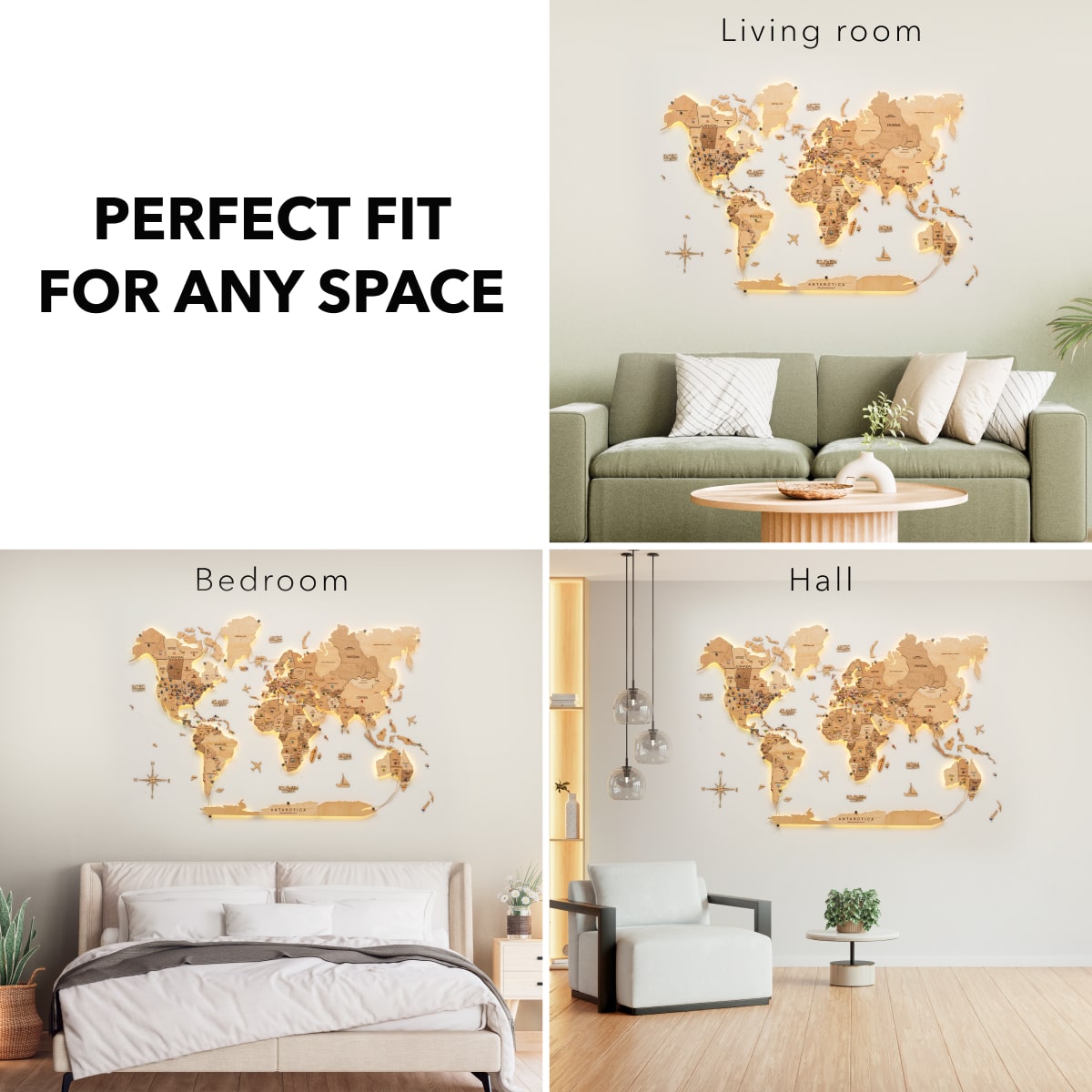 3D LED Wooden World Map 3.0 Gold fit