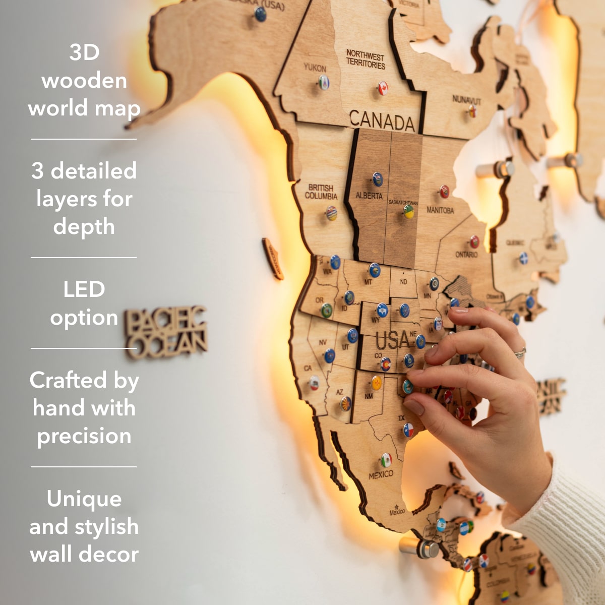 3D LED Wooden World Map 3.0 Gold info