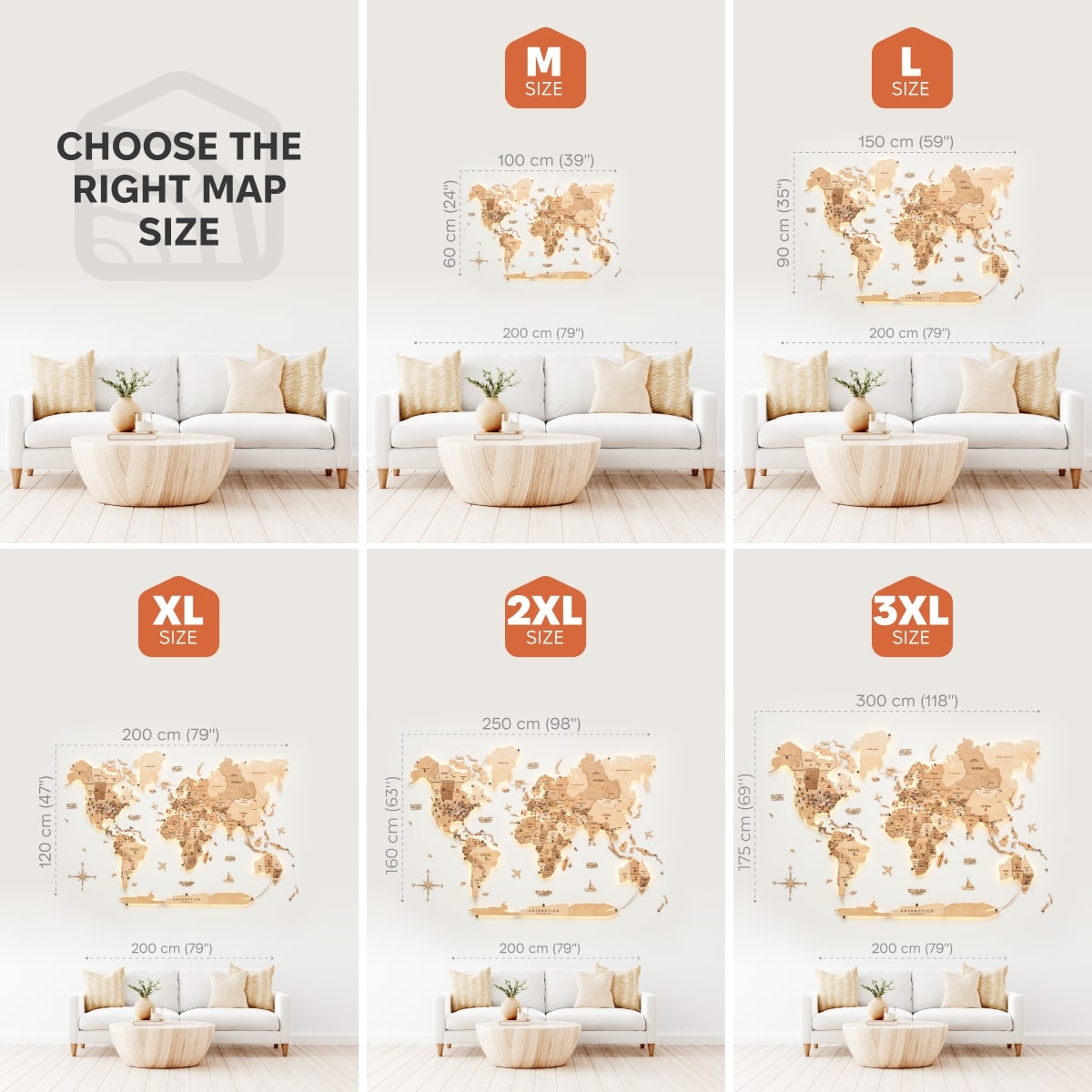 3D LED Wooden World Map 3.0 Gold size