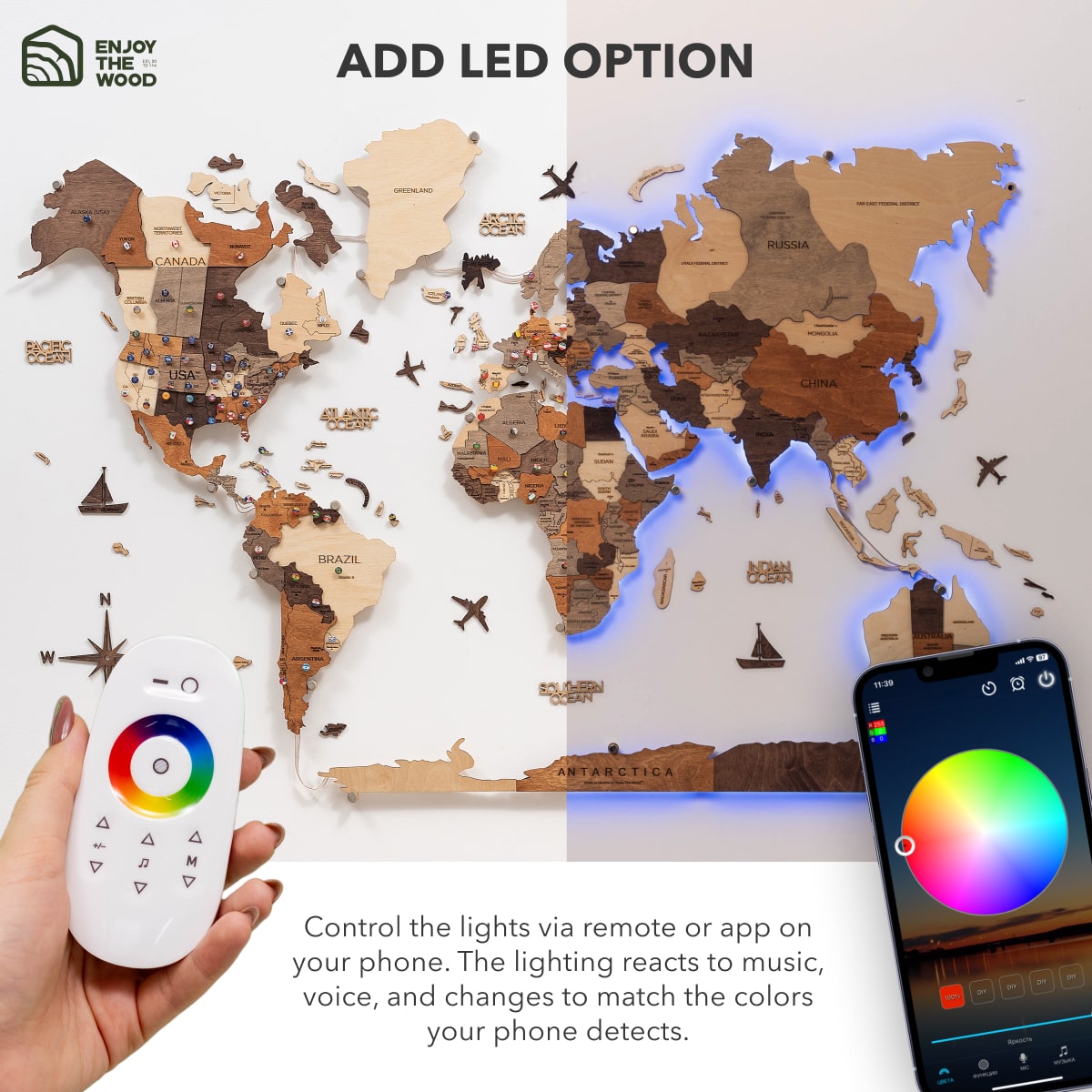 3D LED Wooden World Map 3.0 Multicolor led options
