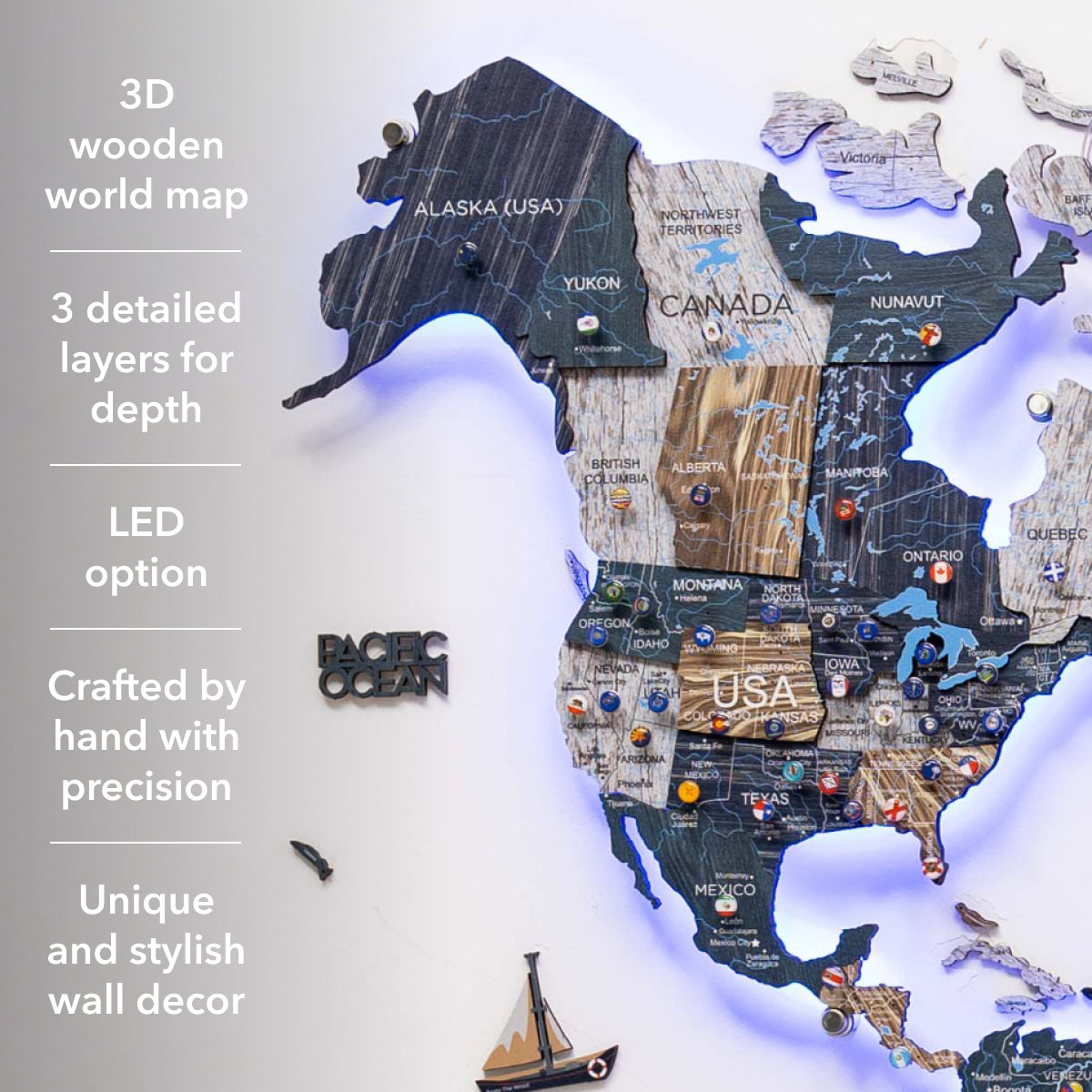3D LUMINOUS LED Wooden World Map 3.0 Mystery info