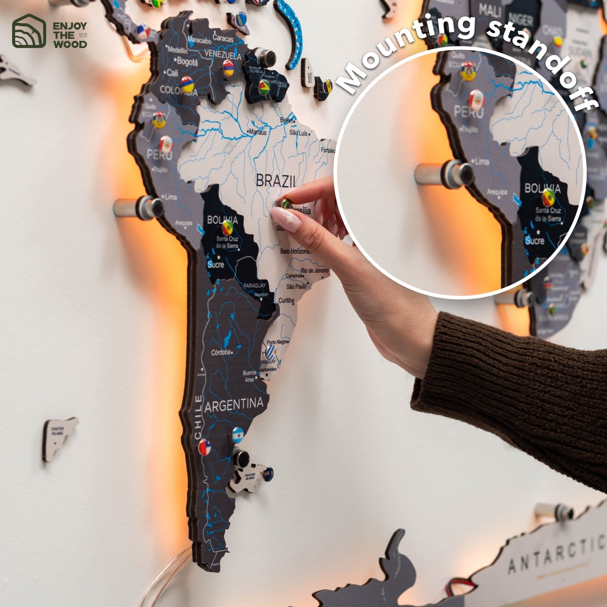 3D LED / LUMINOUS Wooden World Map 3.0 Nordik mount