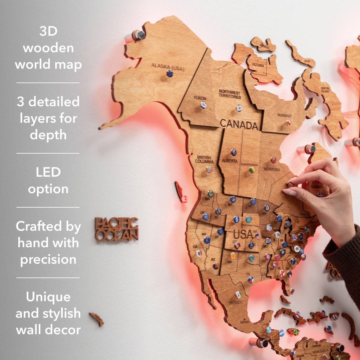 3D LED Wooden World Map 3.0 Oak info