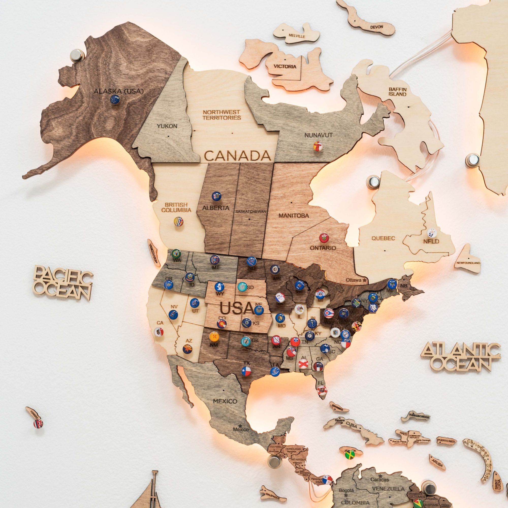 wooden world map for wall with pins