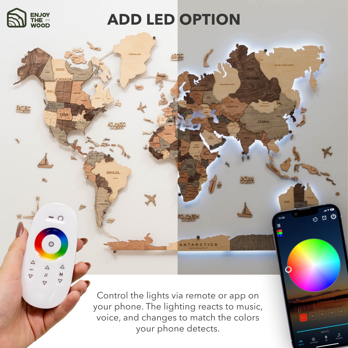 3D LED Wooden World Map 3.0 Smokey app