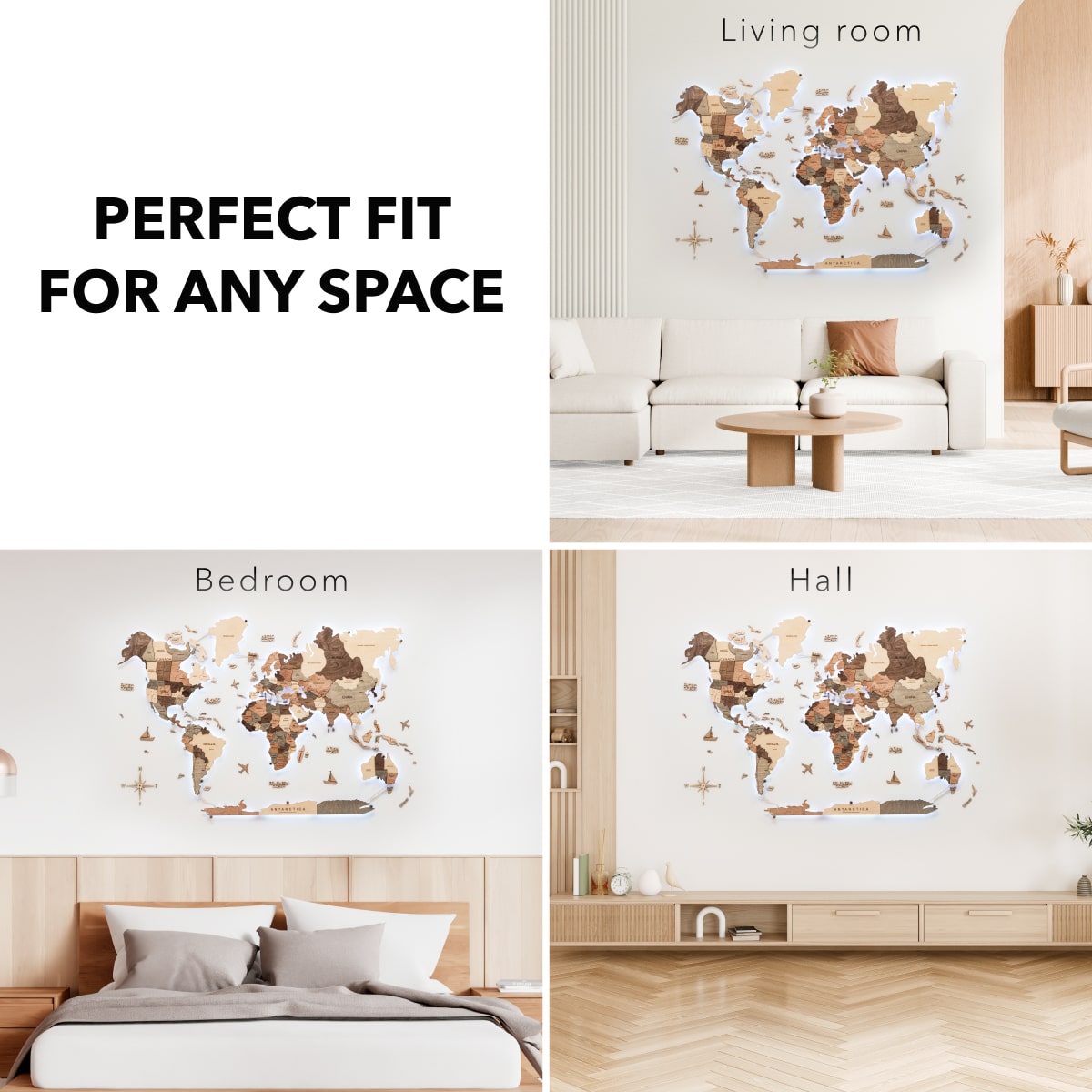 3D LED Wooden World Map 3.0 Smokey fit