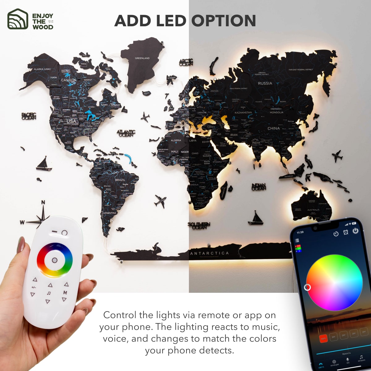 3D LED / LUMINOUS Wooden World Map 3.0 Space app