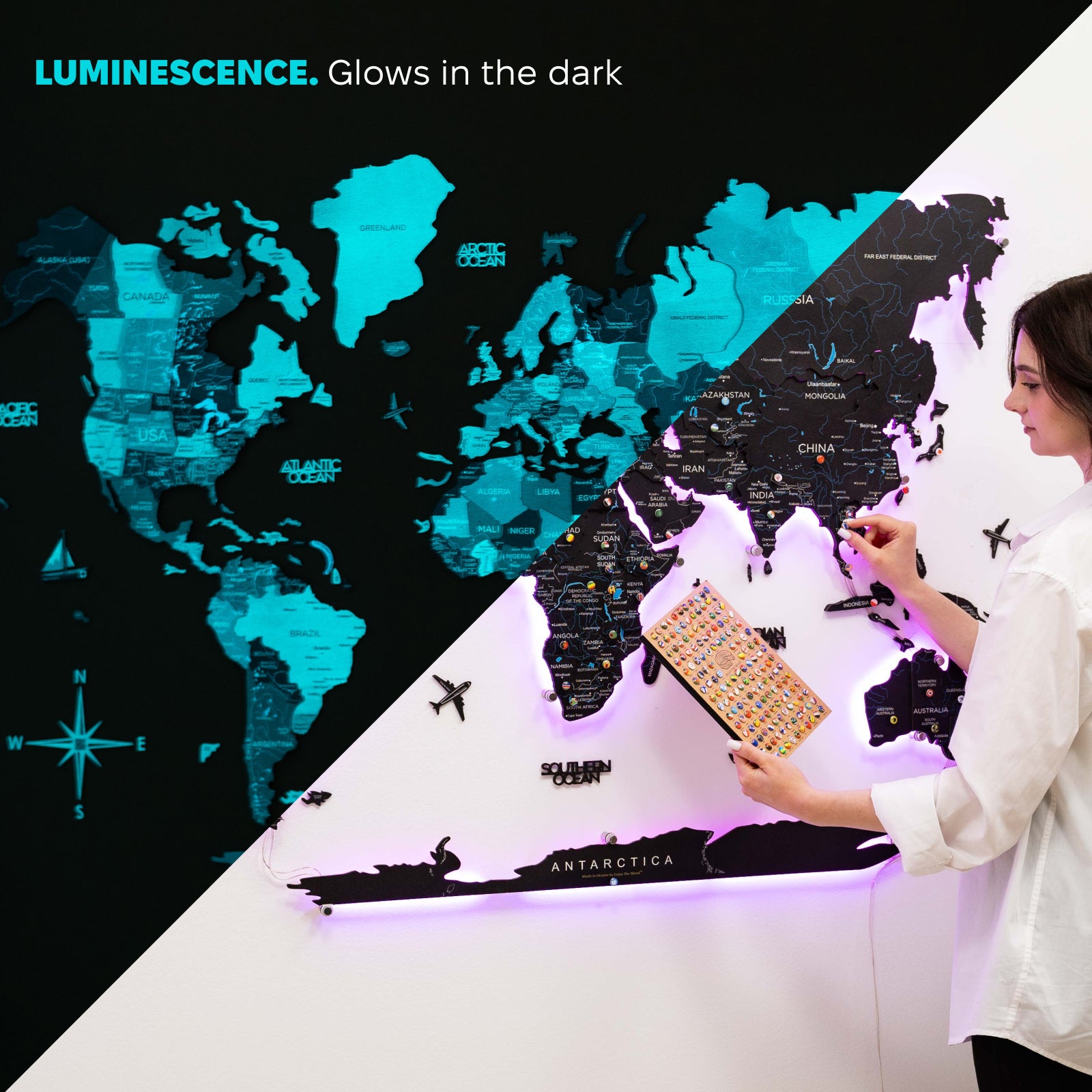 3D LED / LUMINOUS Wooden World Map 3.0 Space dark
