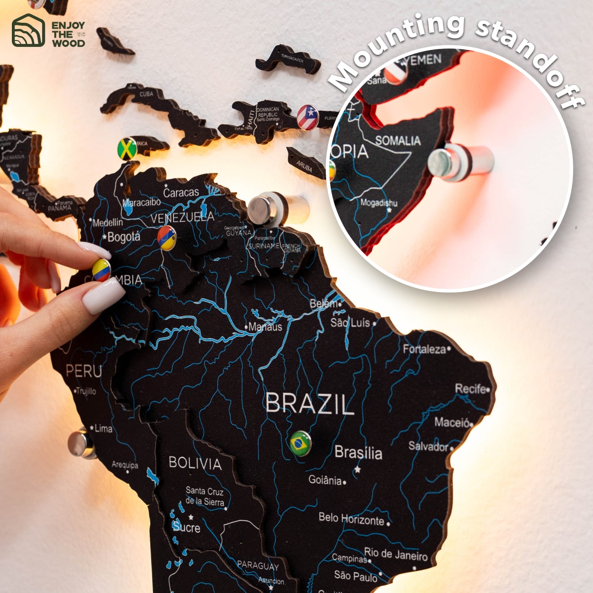 3D LED / LUMINOUS Wooden World Map 3.0 Space mounting