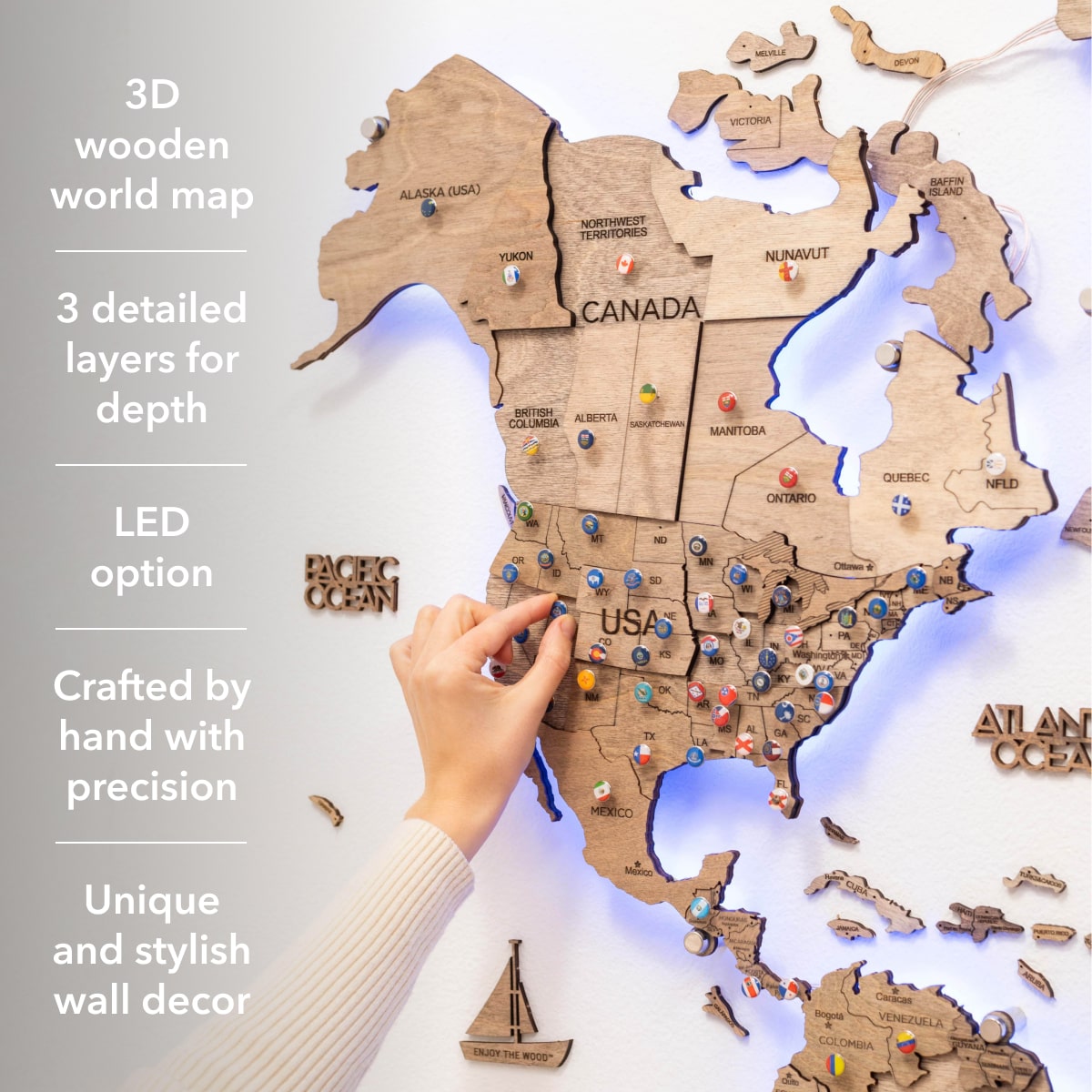 3D LED Wooden World Map 3.0 Terra info 2