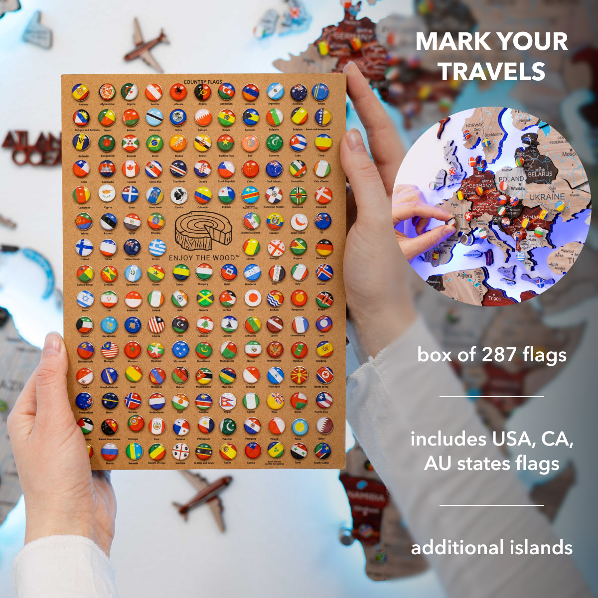 3D LED / LUMINOUS Wooden World Map 3.0 Urban pinboard