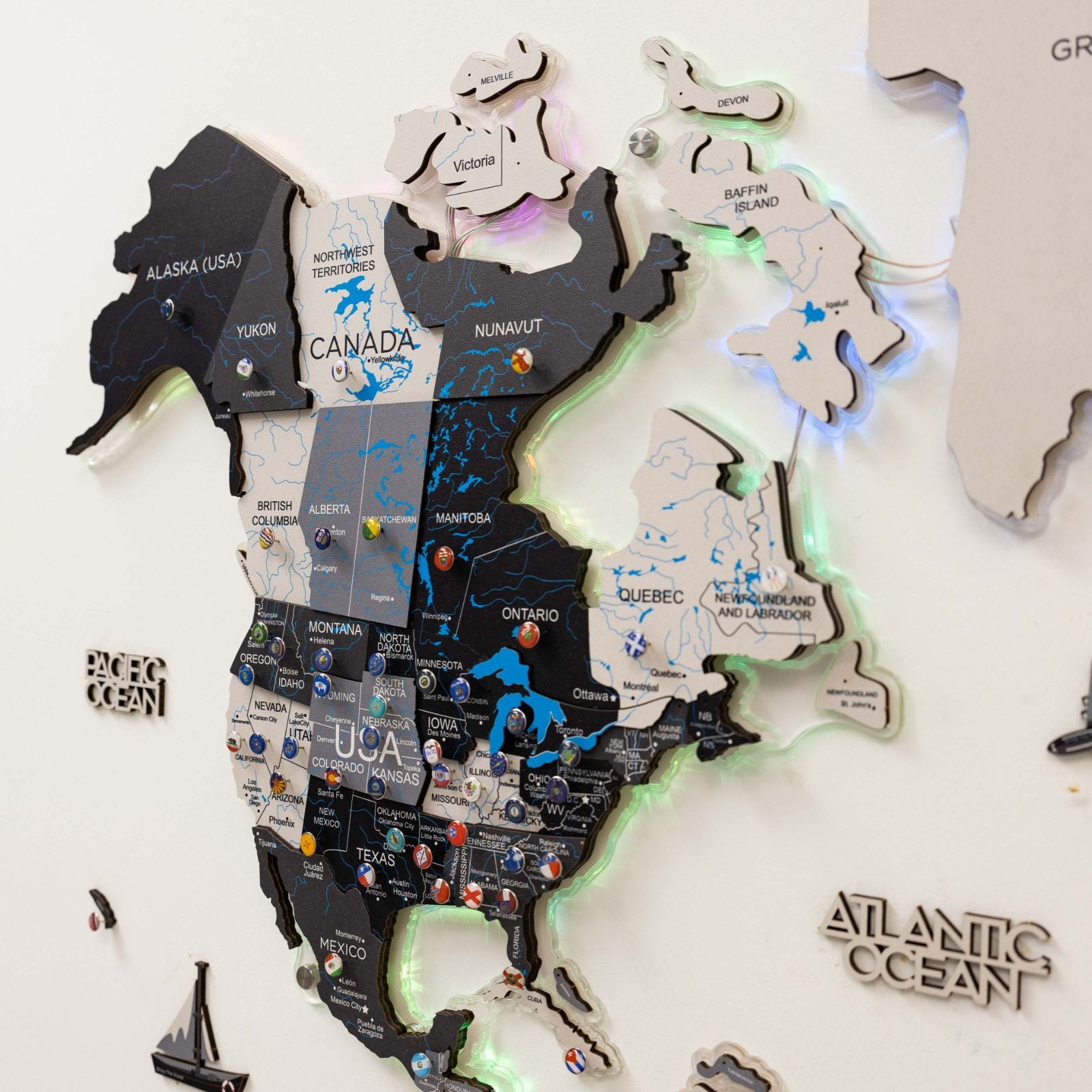 wooden world map with led