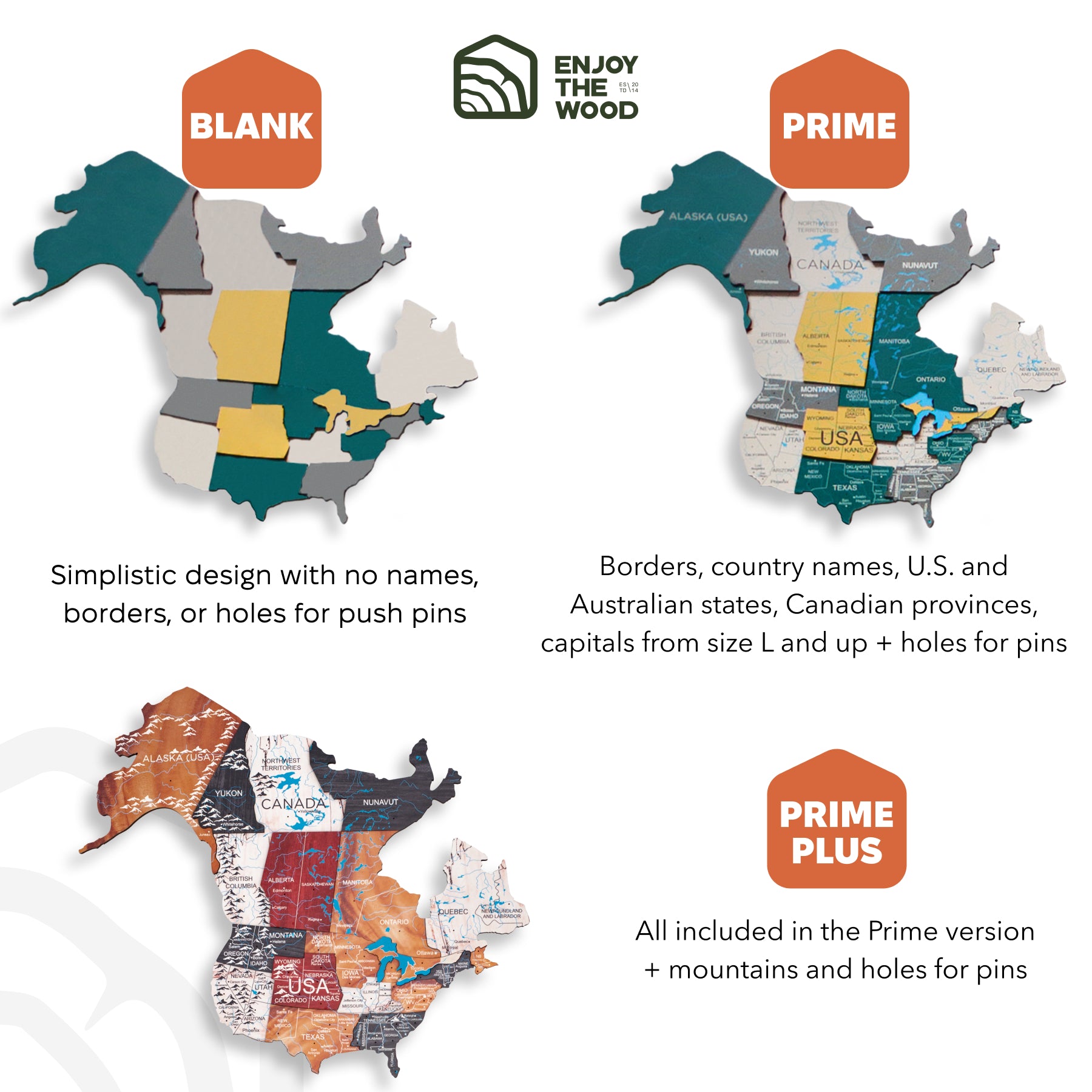 Three versions of a wooden map of North America with different levels of detail and features.