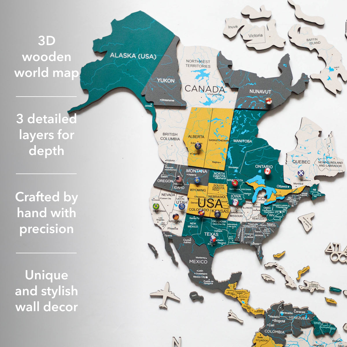 3D wooden world map with detailed layers on a light gray background