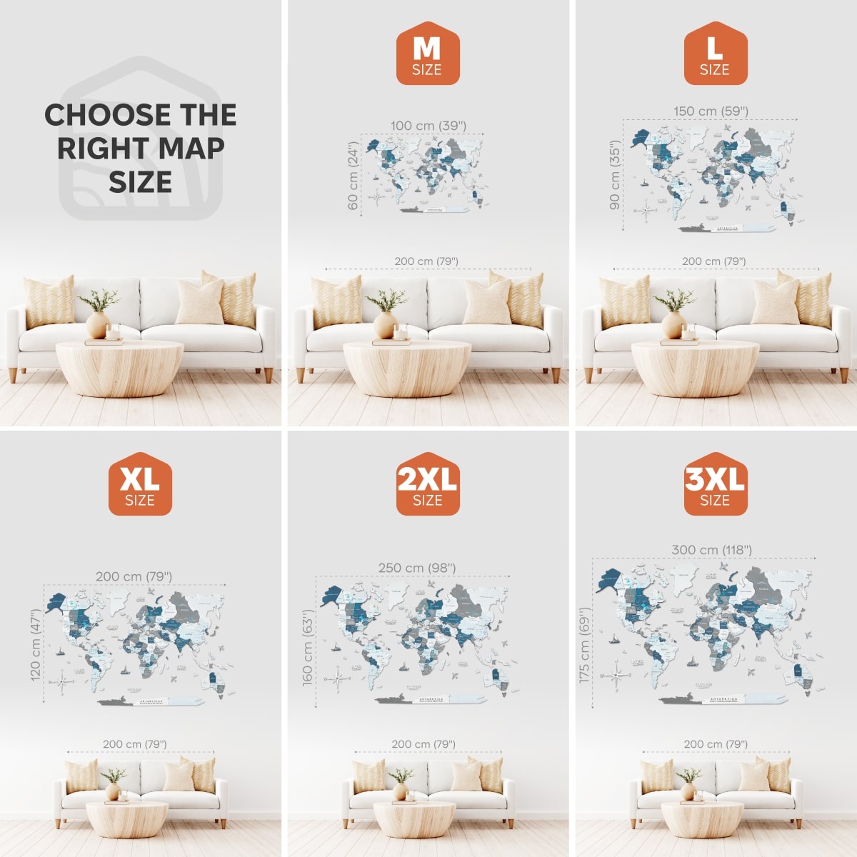 Collage of world map wall decal sizes with corresponding dimensions and a sofa for scale.