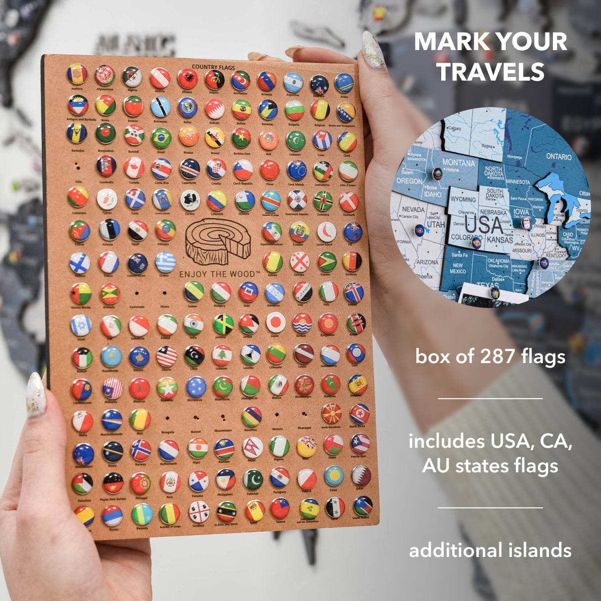 Box of 287 world flags with a map of the USA inset, held by hands.