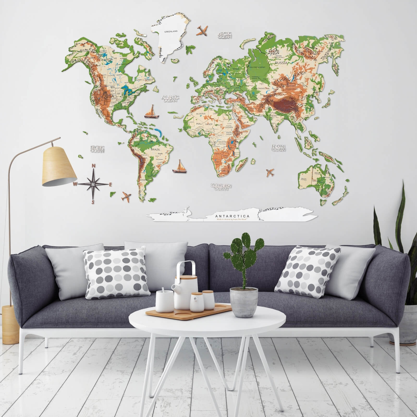 world map painted on wood