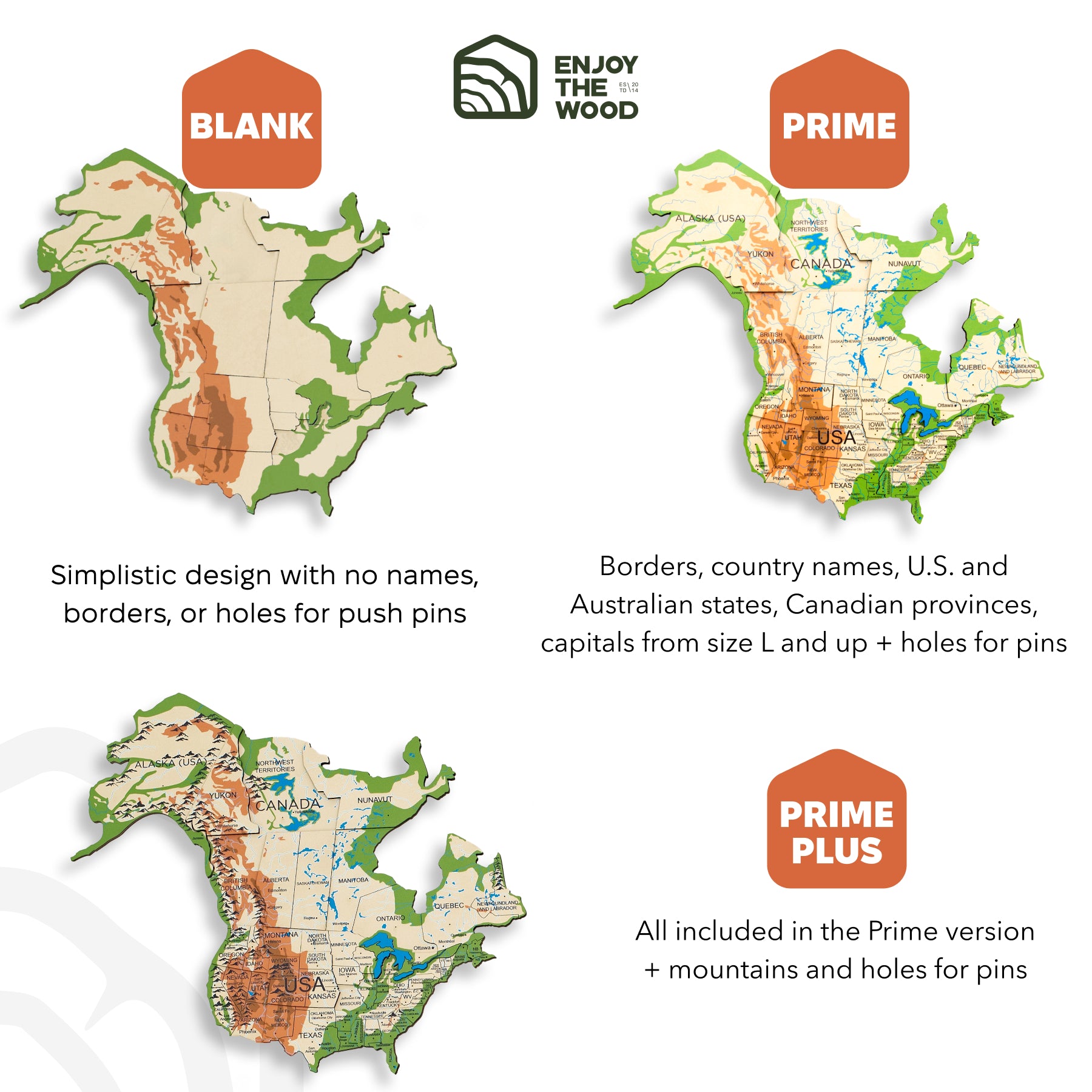 Comparison of three map versions labeled 'Blank', 'Prime', and 'Prime Plus' with text describing features.