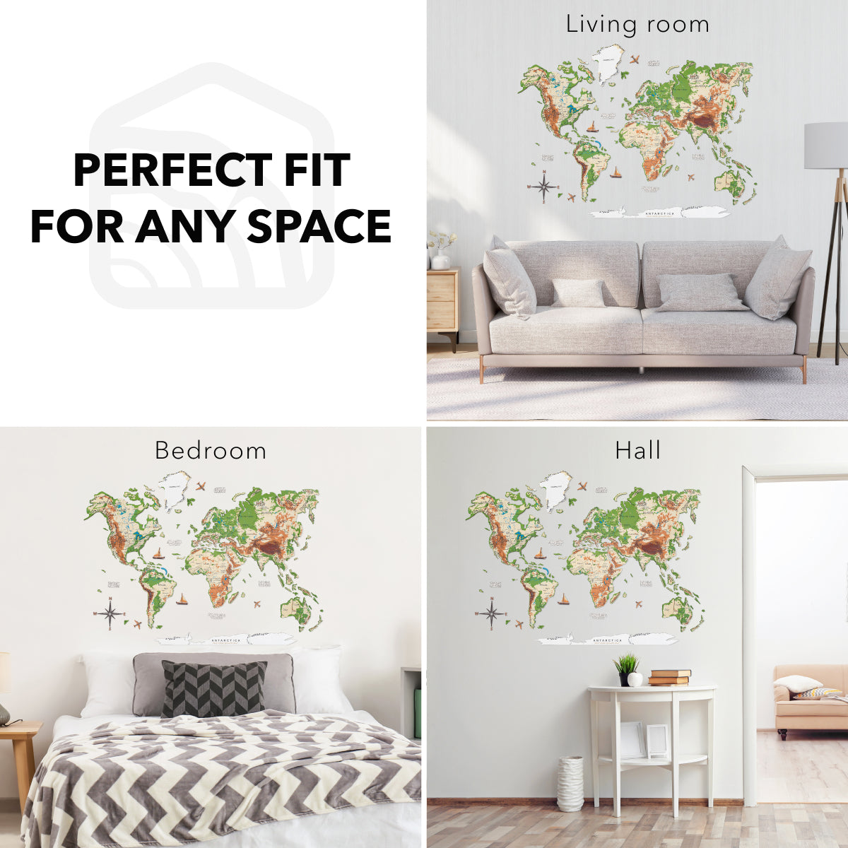 World map wall decal displayed in various rooms with text 'Perfect Fit for Any Space'.