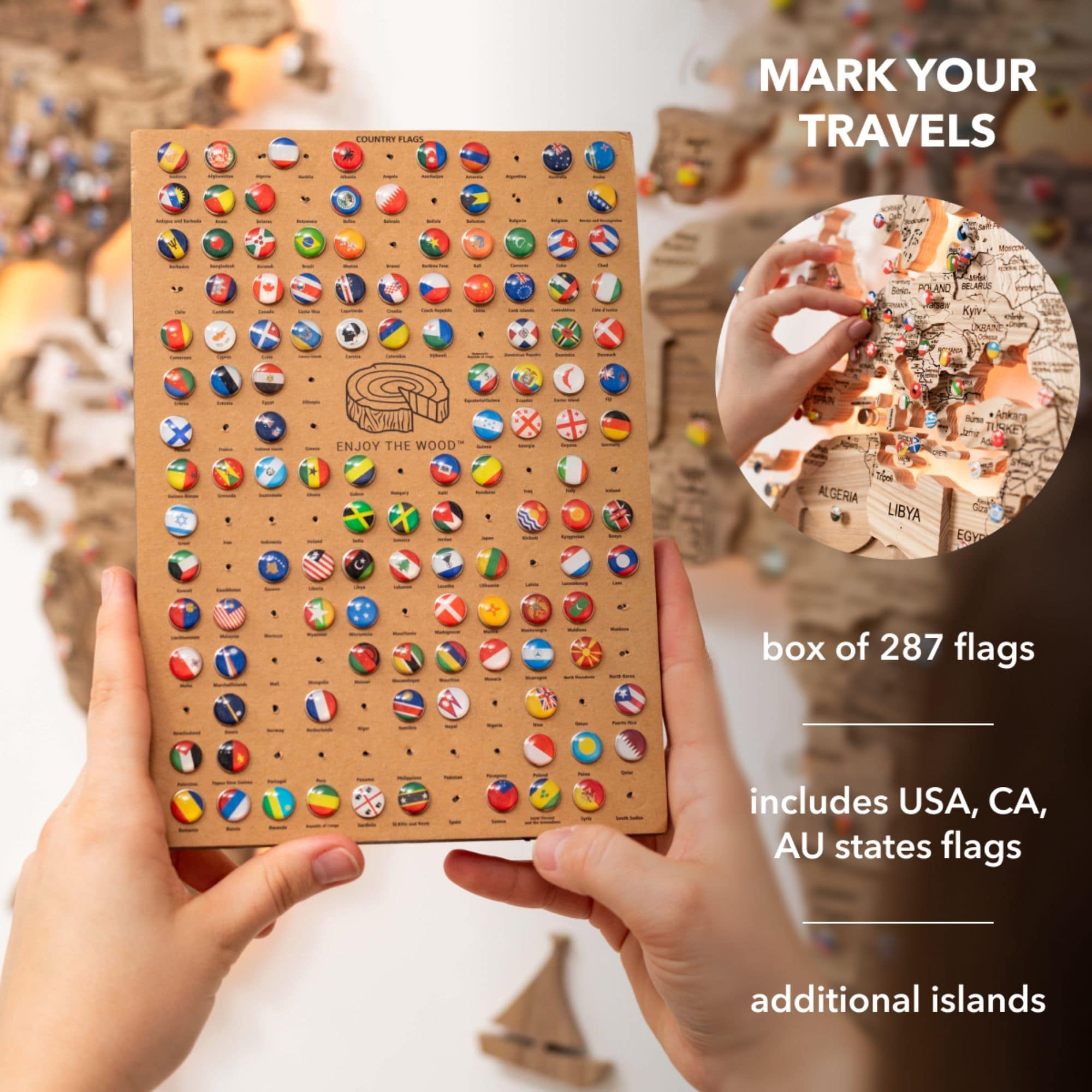 3D Solid Wooden World Map - Walnut pins