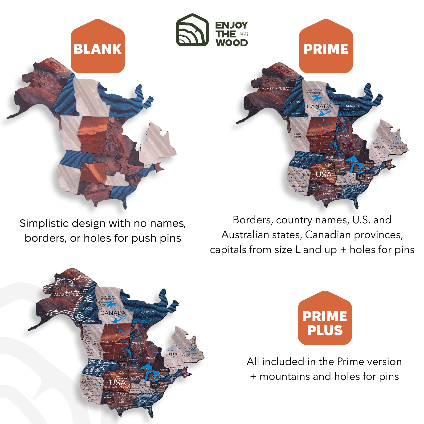 Wooden map of North America with different versions labeled 'Blank', 'Prime', and 'Prime Plus' on a white background.