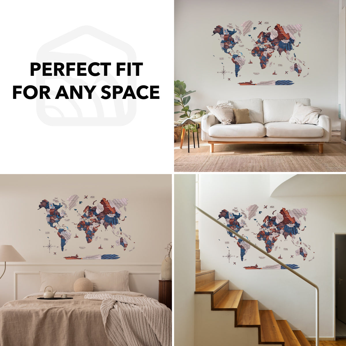 World map wall art displayed in various rooms with text 'Perfect Fit for Any Space'.