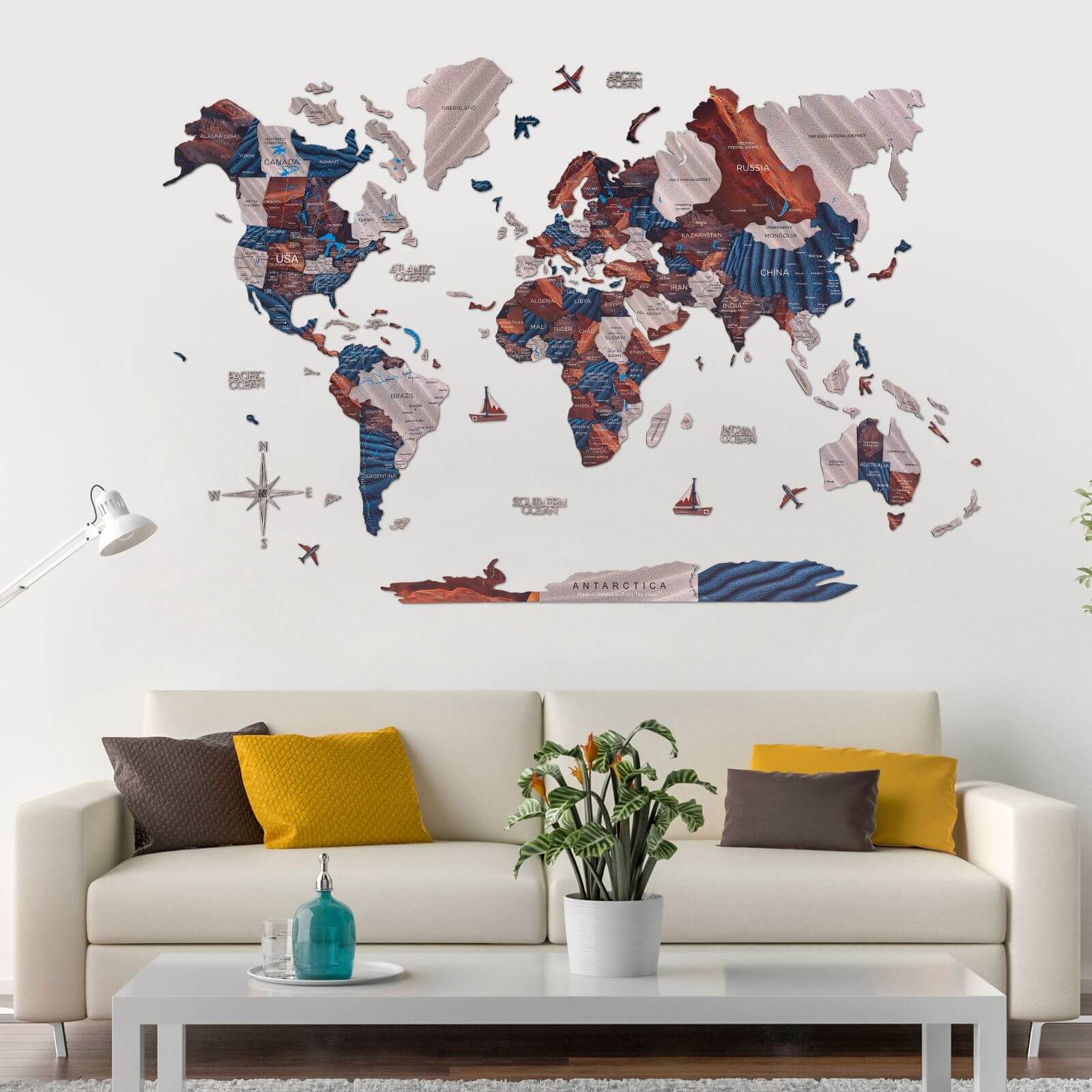 3d wooden colored map wall decor