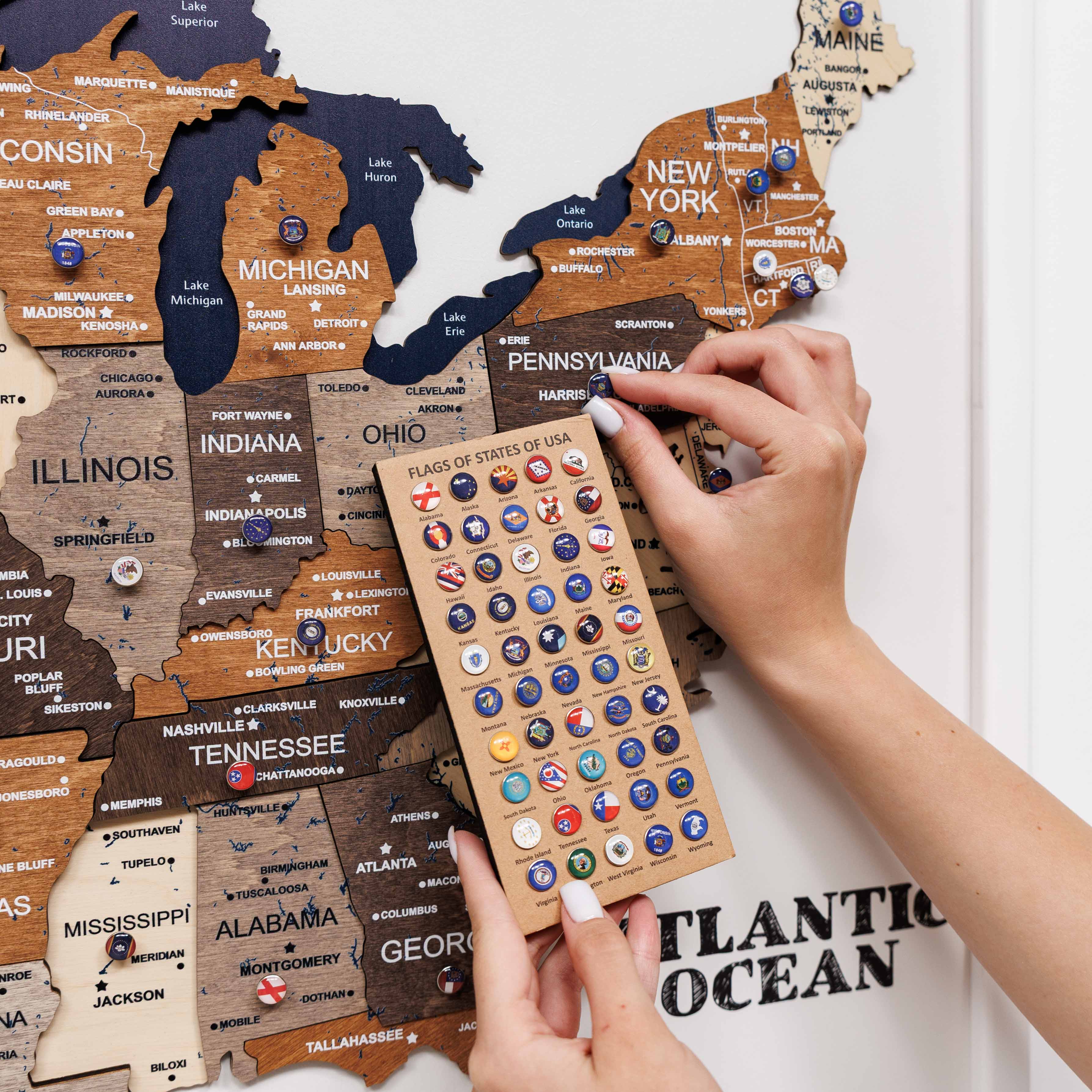 us travel map with push pins and cities