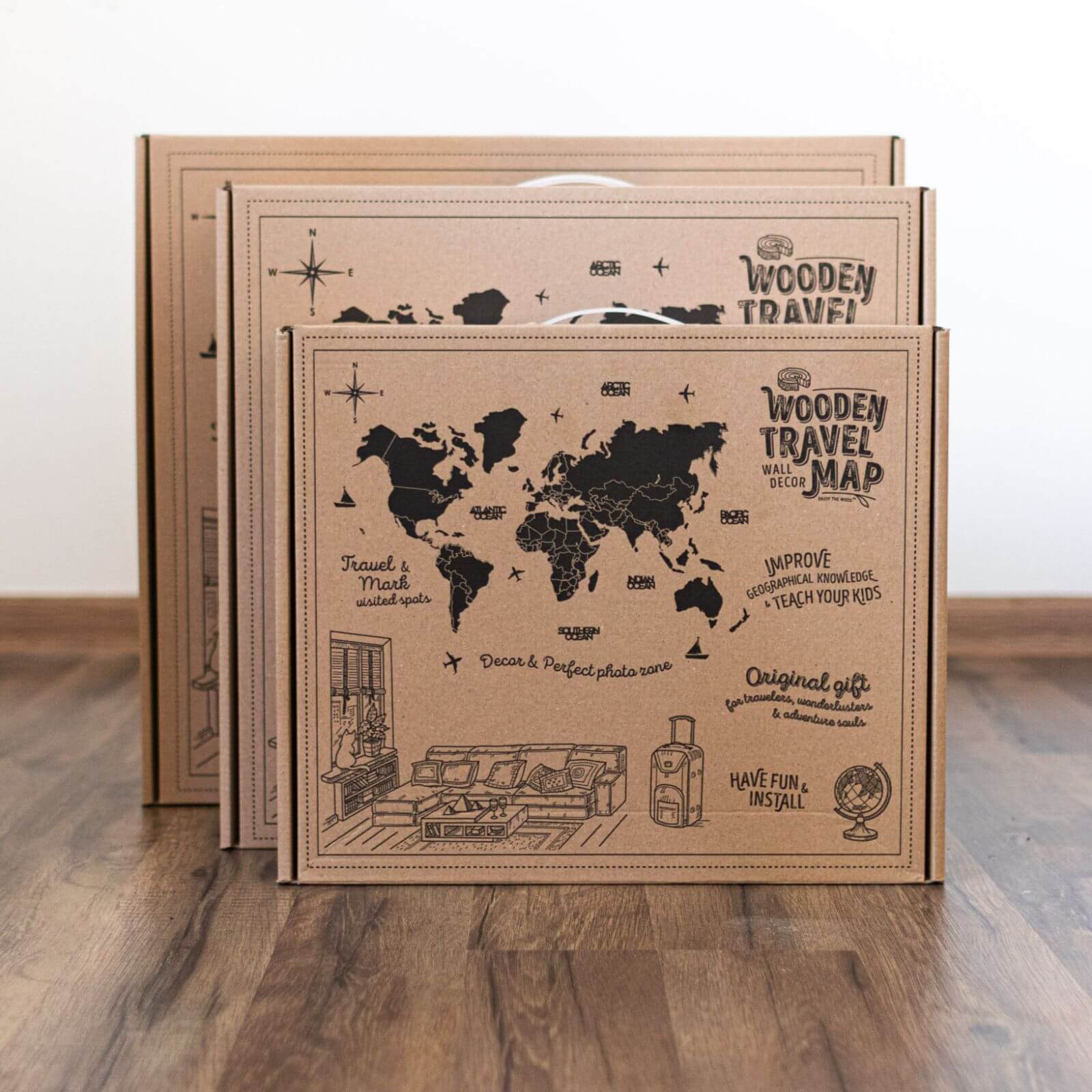 3D Wooden World Map Aqua box
