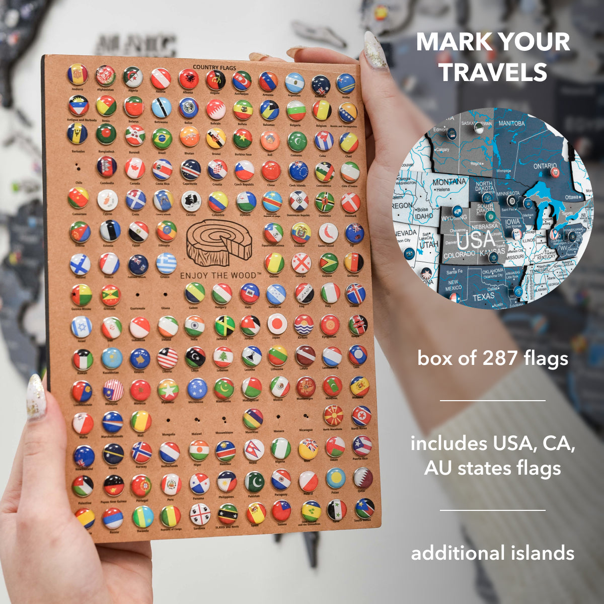 wooden world map with flag pins