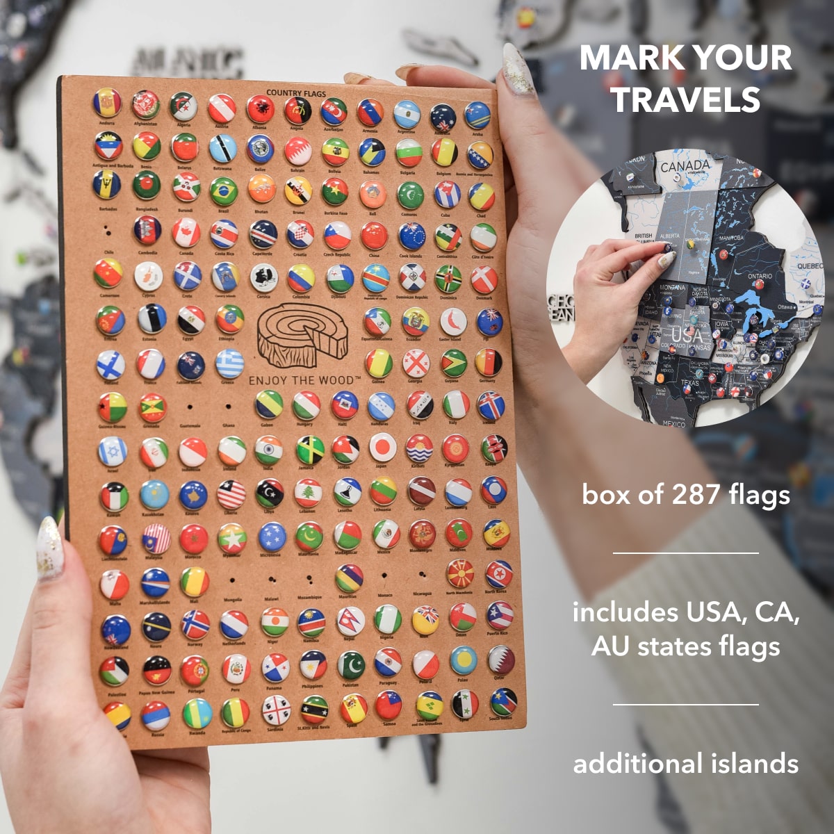 world map with destination pins