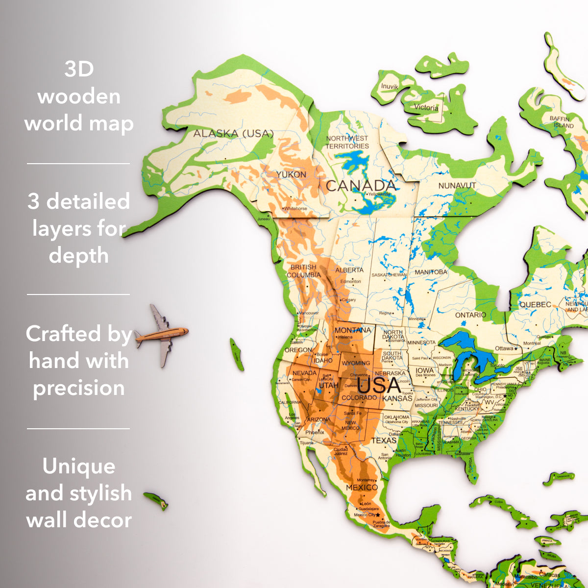 3D Wooden World Map Physical info