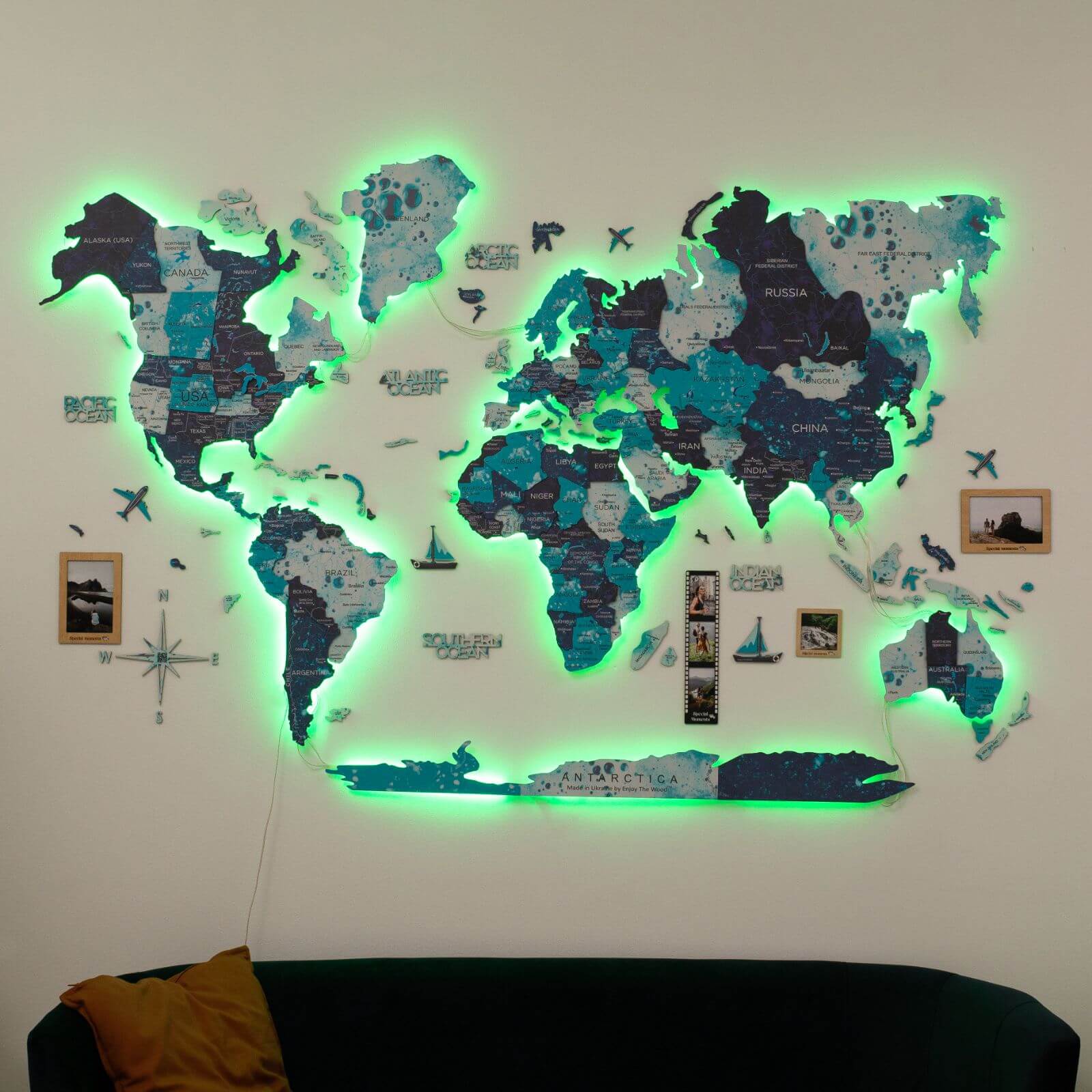 led wooden world map