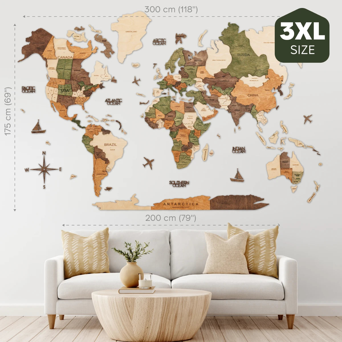 3D Wooden World Map Nature