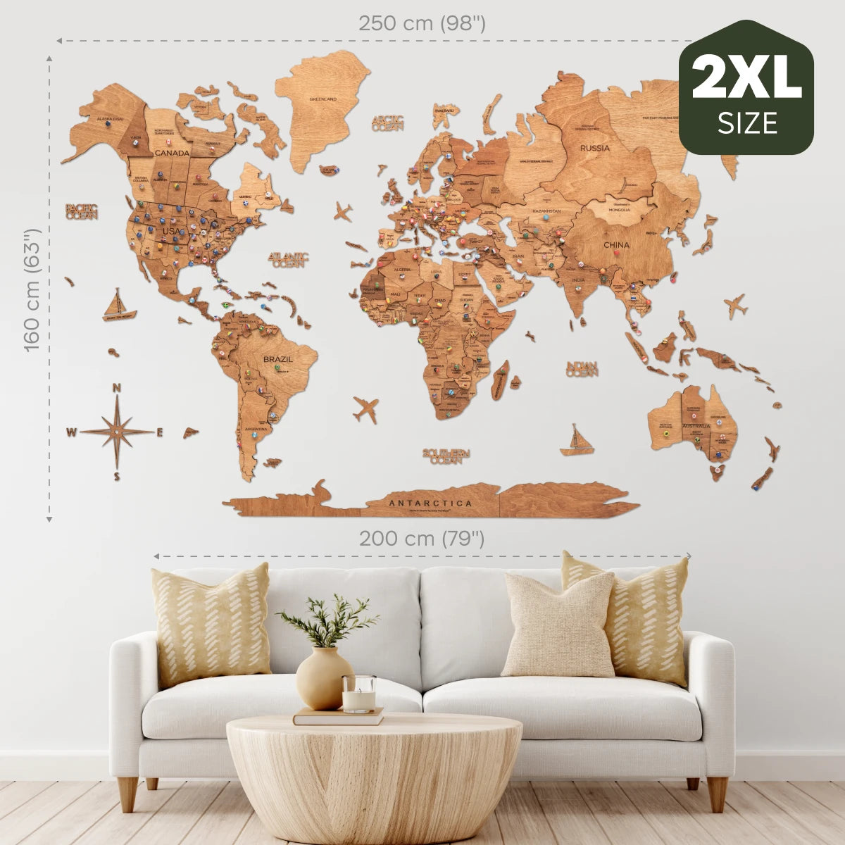 Mappa del mondo 3D in legno di quercia