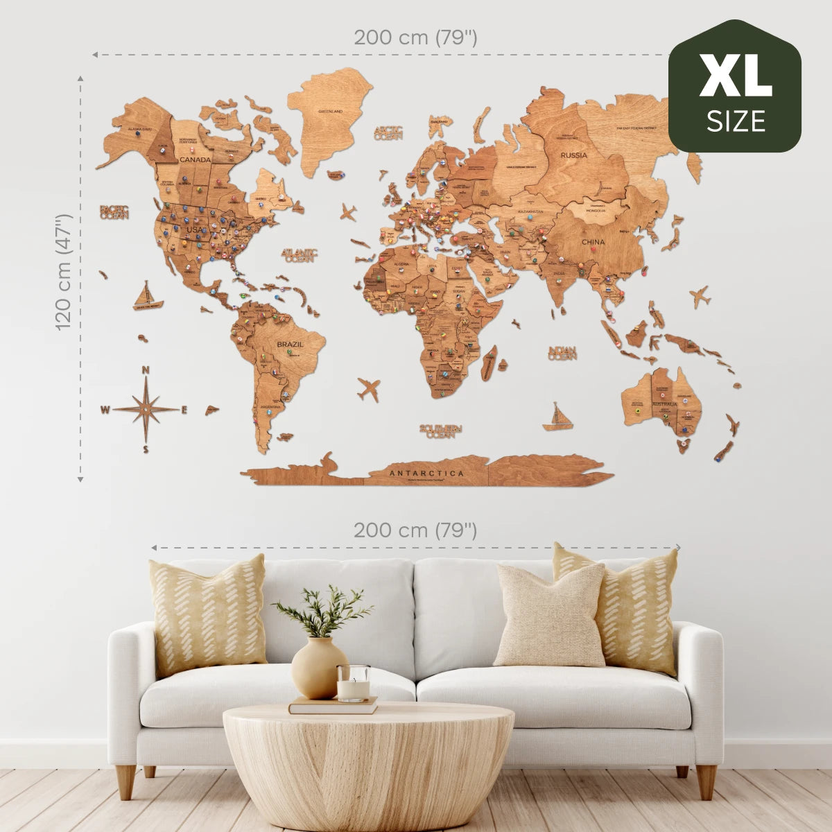 Mappa del mondo 3D in legno di quercia