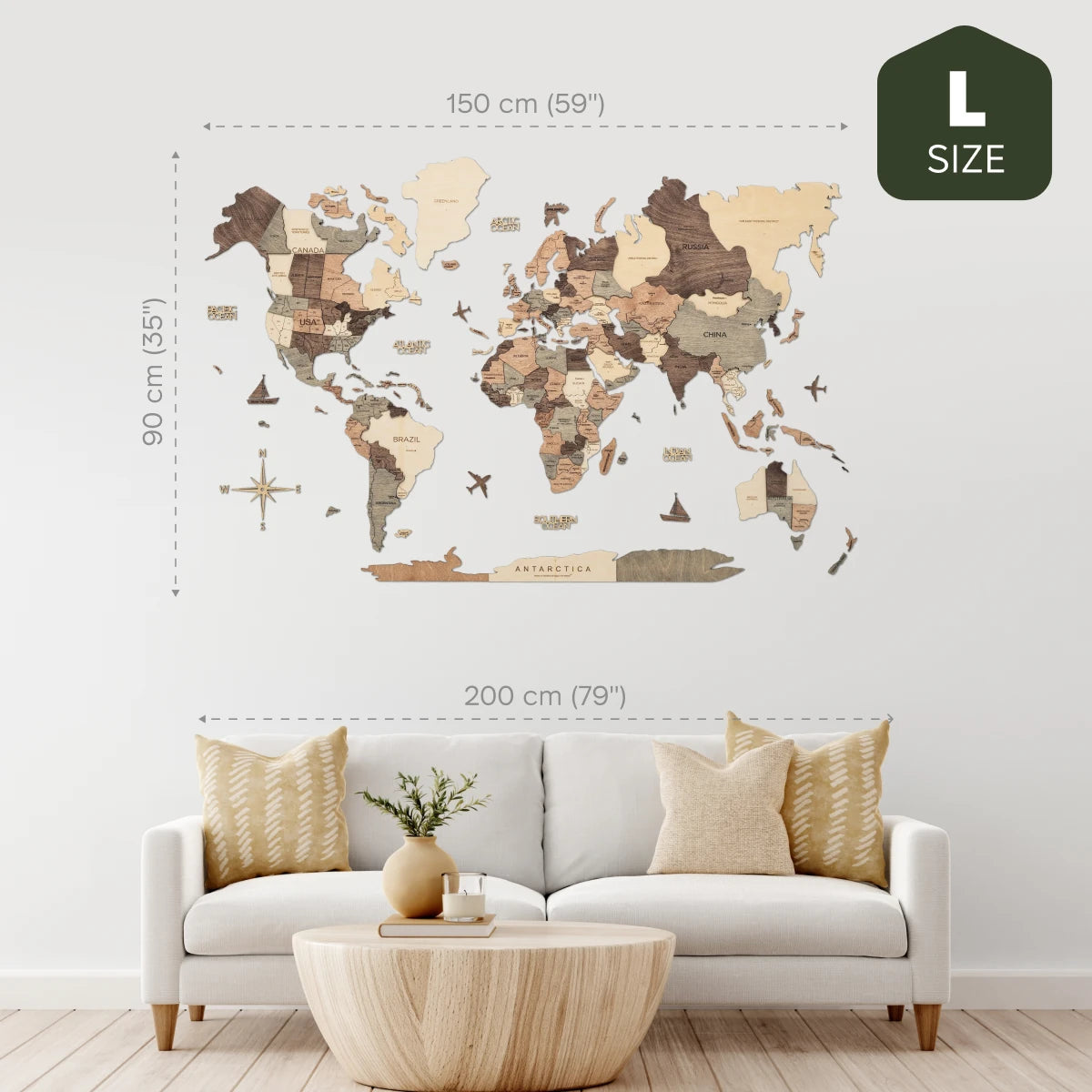 3D Wooden World Map Smokey