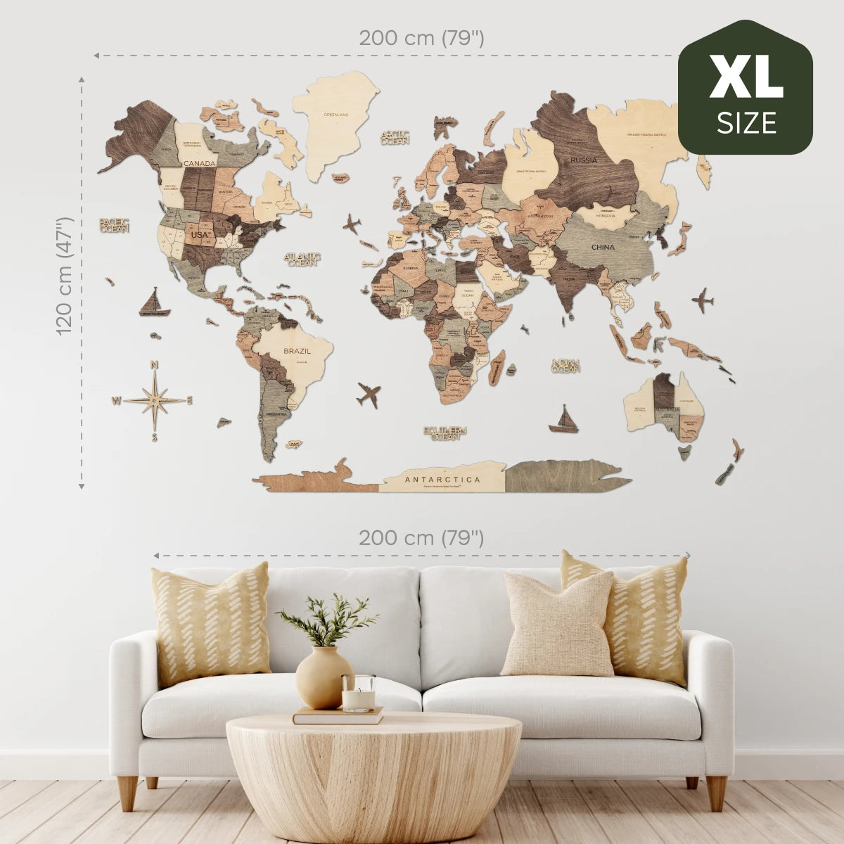 3D Wooden World Map Smokey