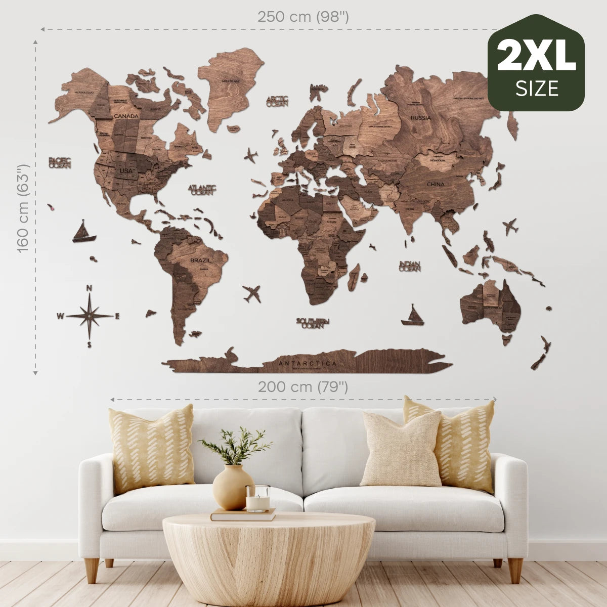 Mappa del mondo 3D in legno, noce scuro