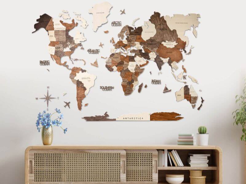 Decorative 3 Dimensional Wooden World Map European Asian Continental Office  Living Room Wall Decor Home gift Art Natural Color