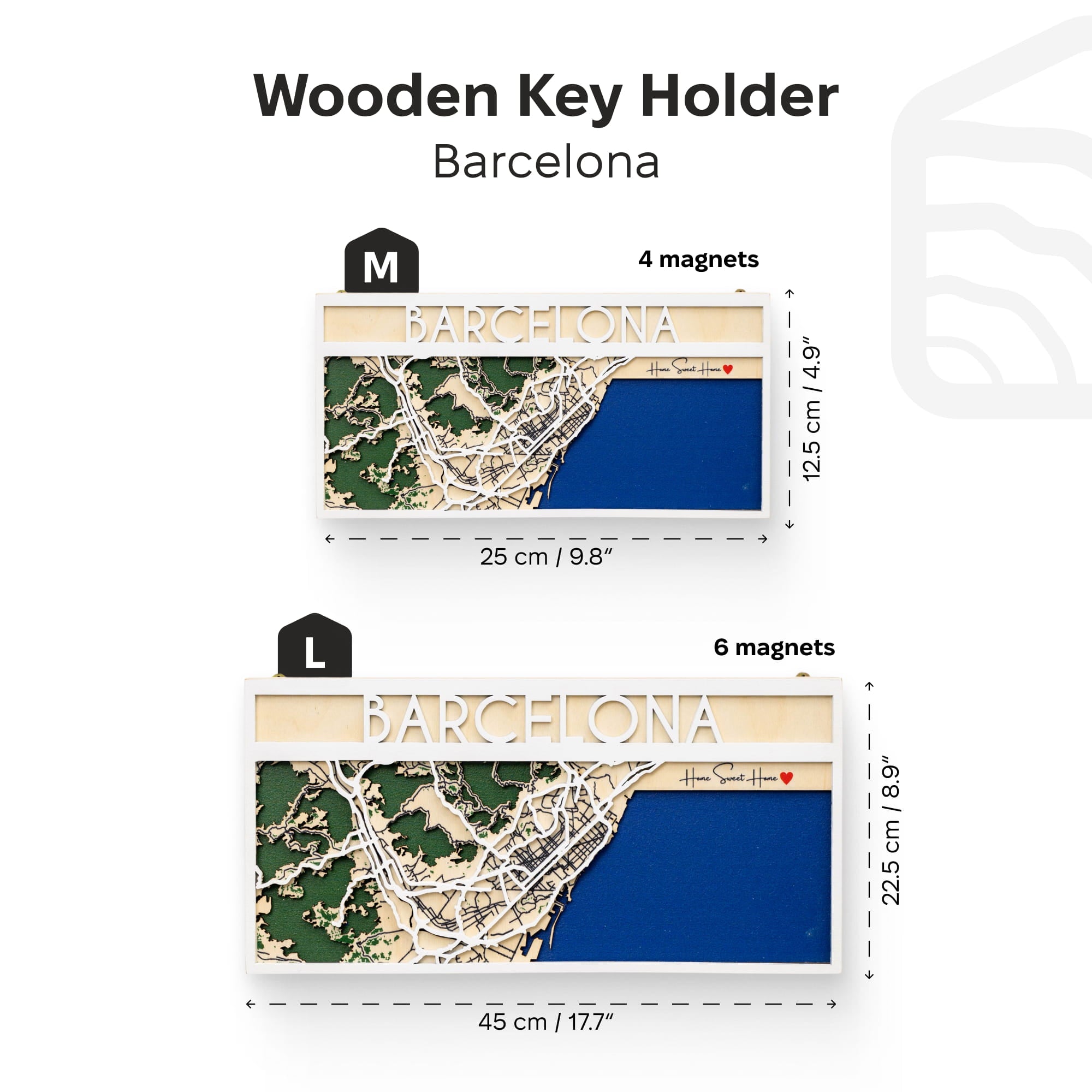 Wooden key holder with Barcelona map design and measurements on a white background