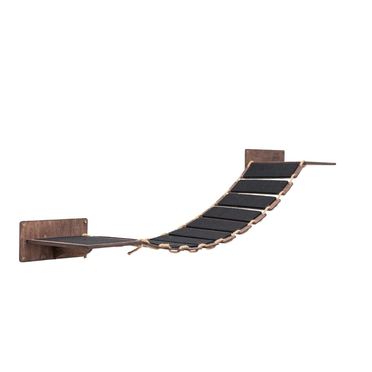wood and rope cat bridge installed on the wall covered with black felt
