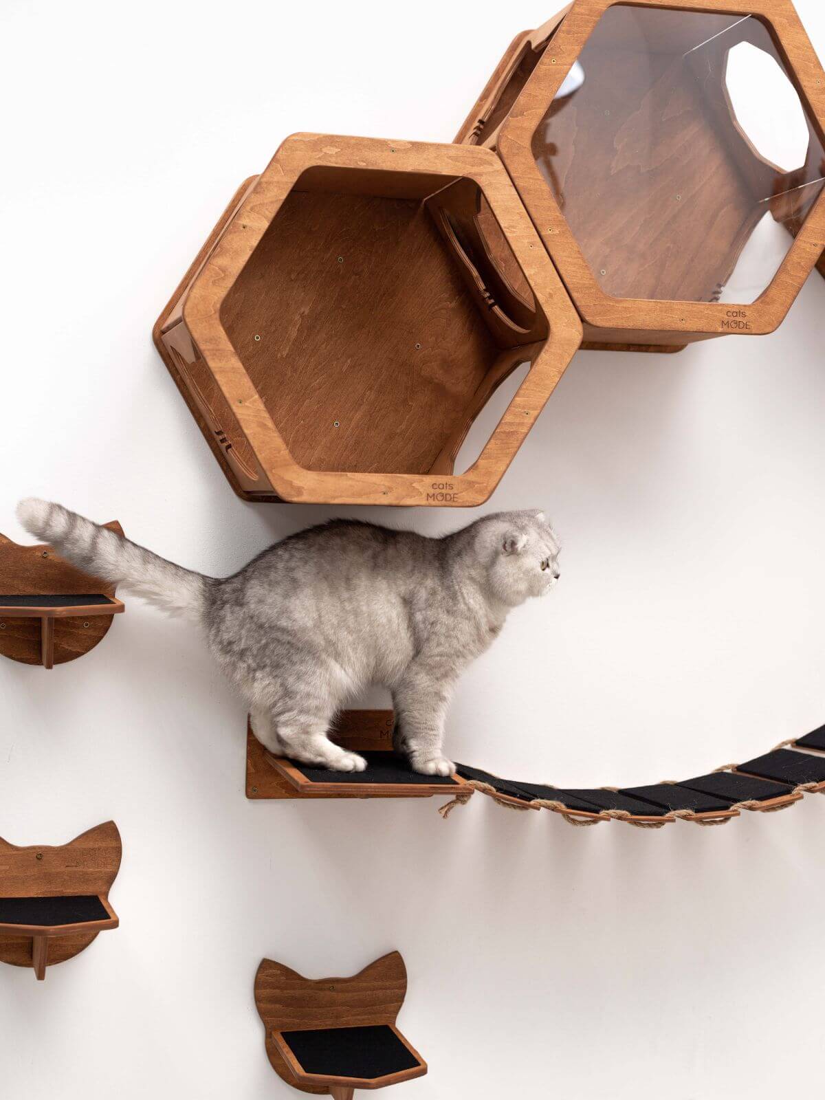 wood and rope cat bridge covered with black felt installed on walls