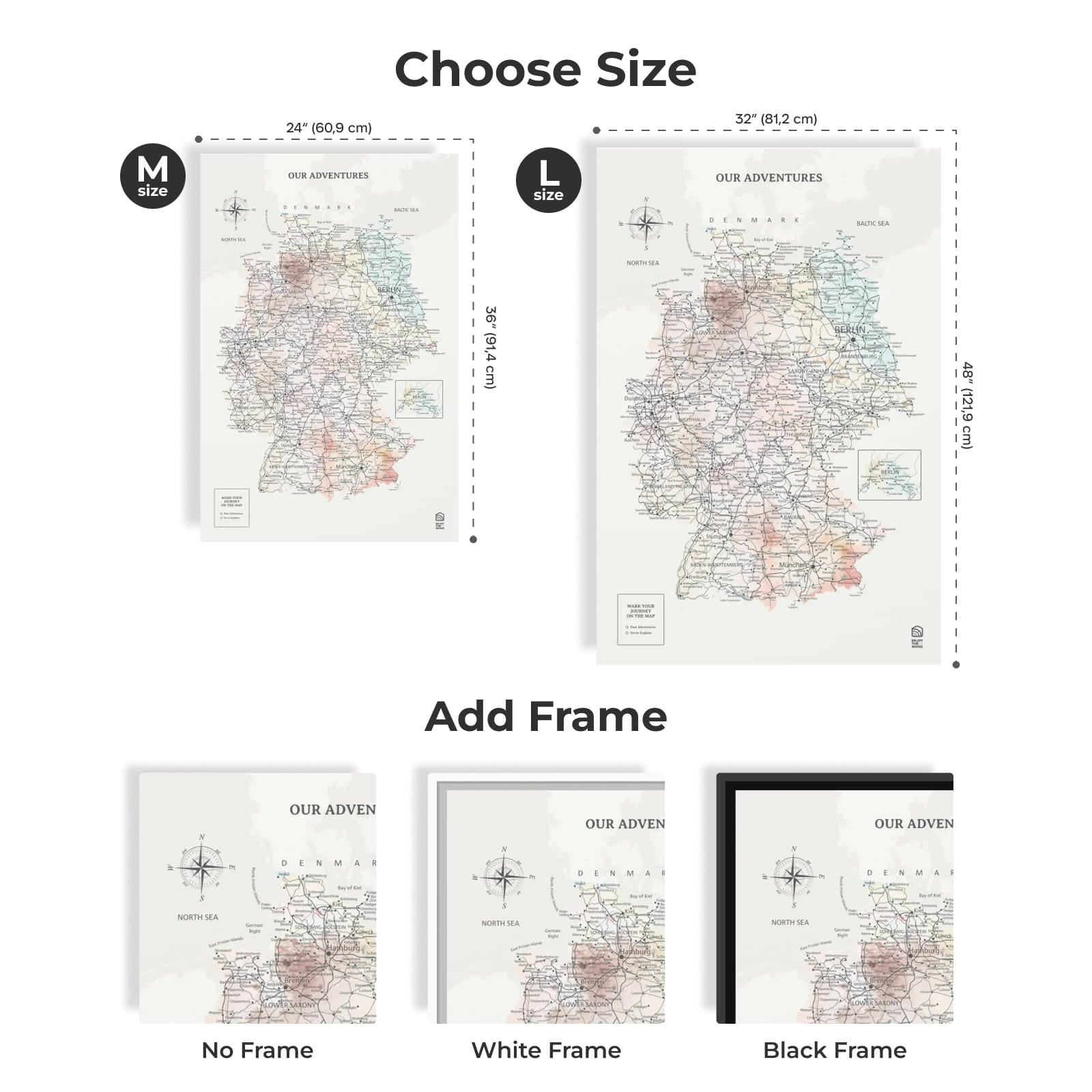 Map with size options and frame choices displayed on a white background