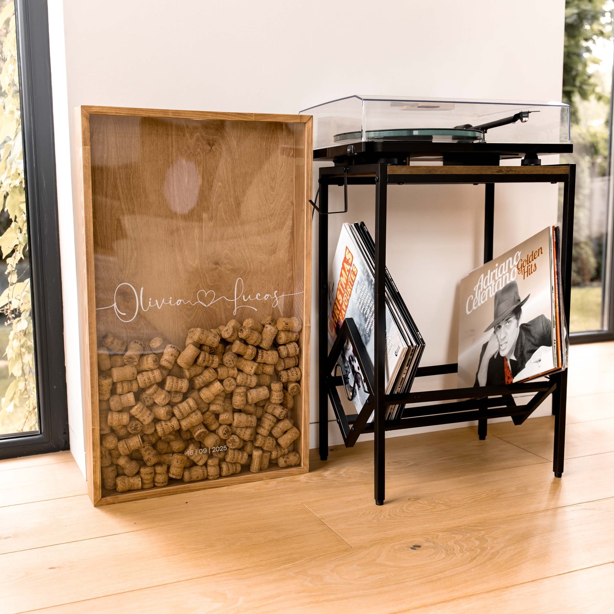 A personalized wooden wine cork box