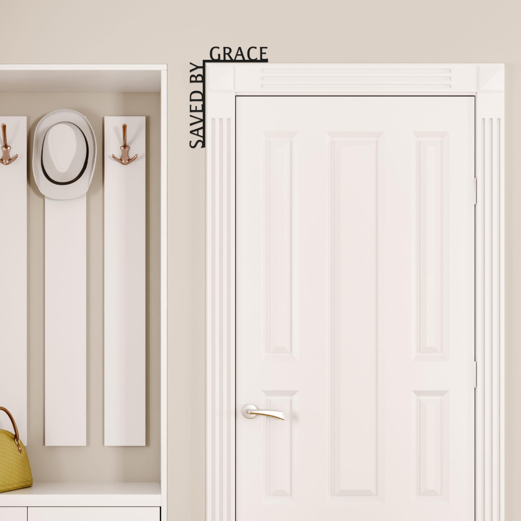 White door with a wall-mounted coat rack and text 'SAVED BY GRACE' on a beige wall.