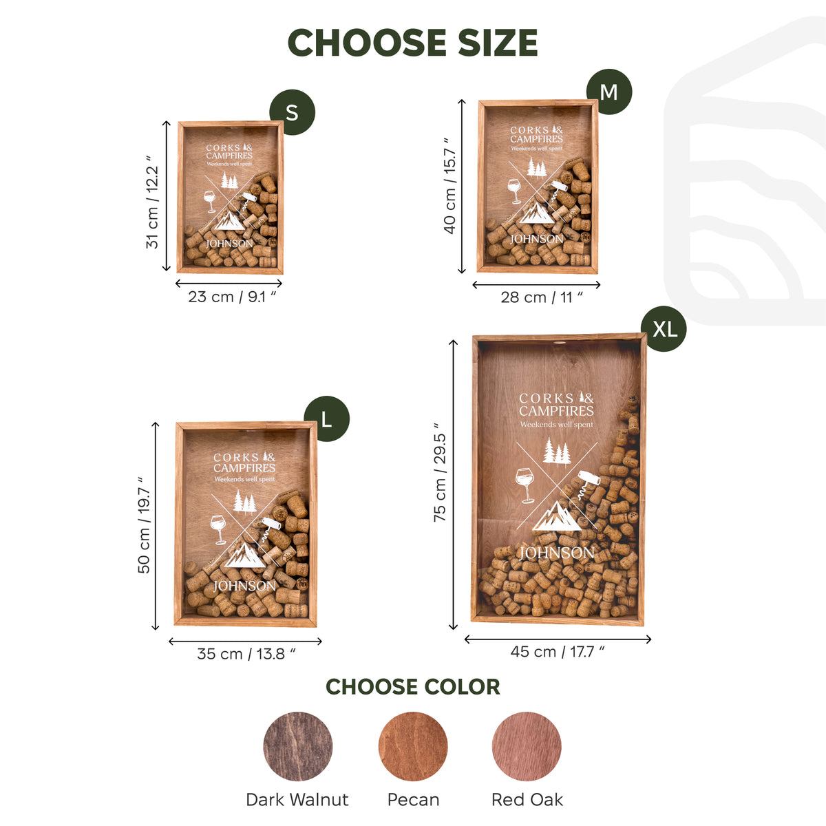 Size and color selection chart for a wooden cork boxes